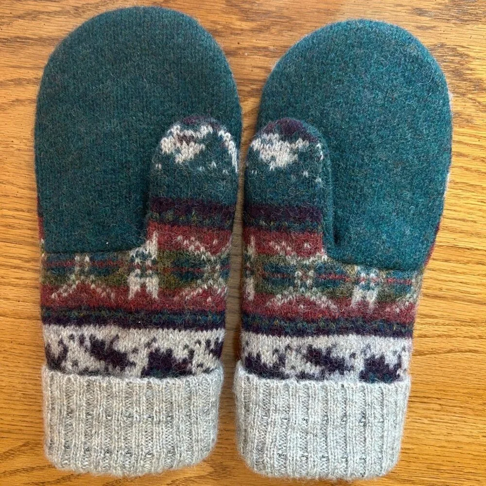 100% Felted Wool Mittens - Multi Color/Green Print Handcrafted - Picture 3 of 5
